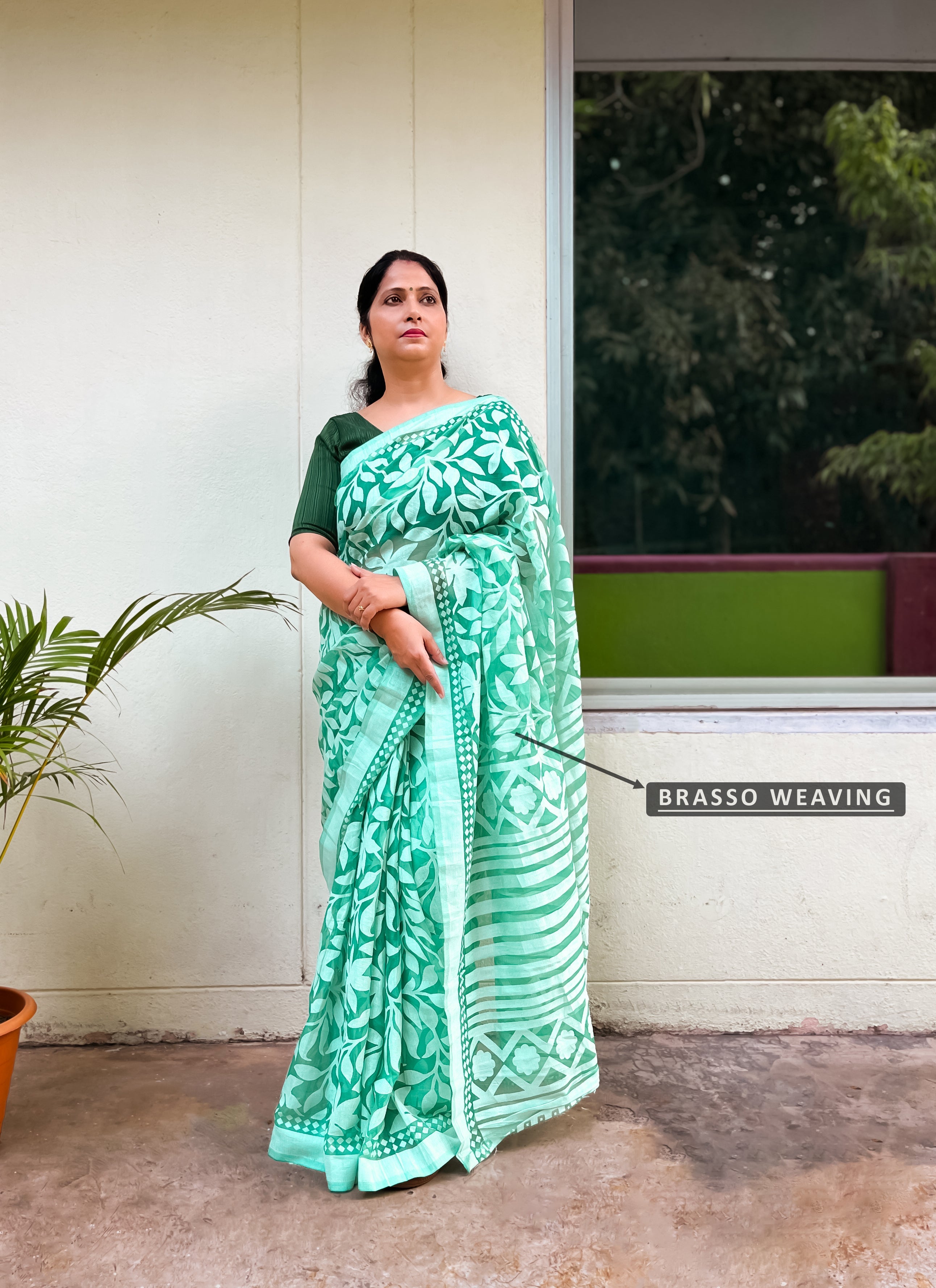 Sea Green Soft Cotton Brasso Woven Saree treevesto
