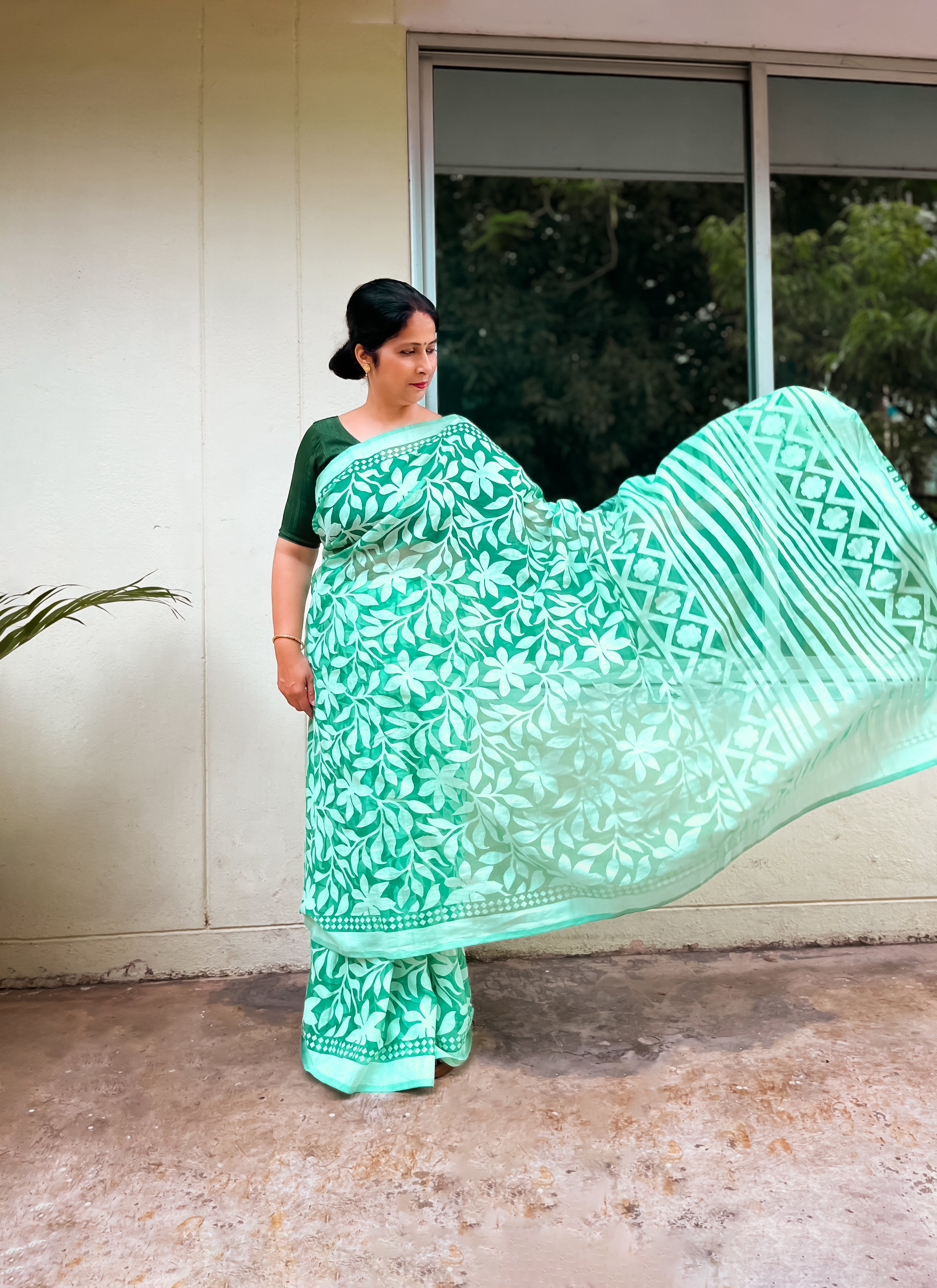 Sea Green Soft Cotton Brasso Woven Saree treevesto