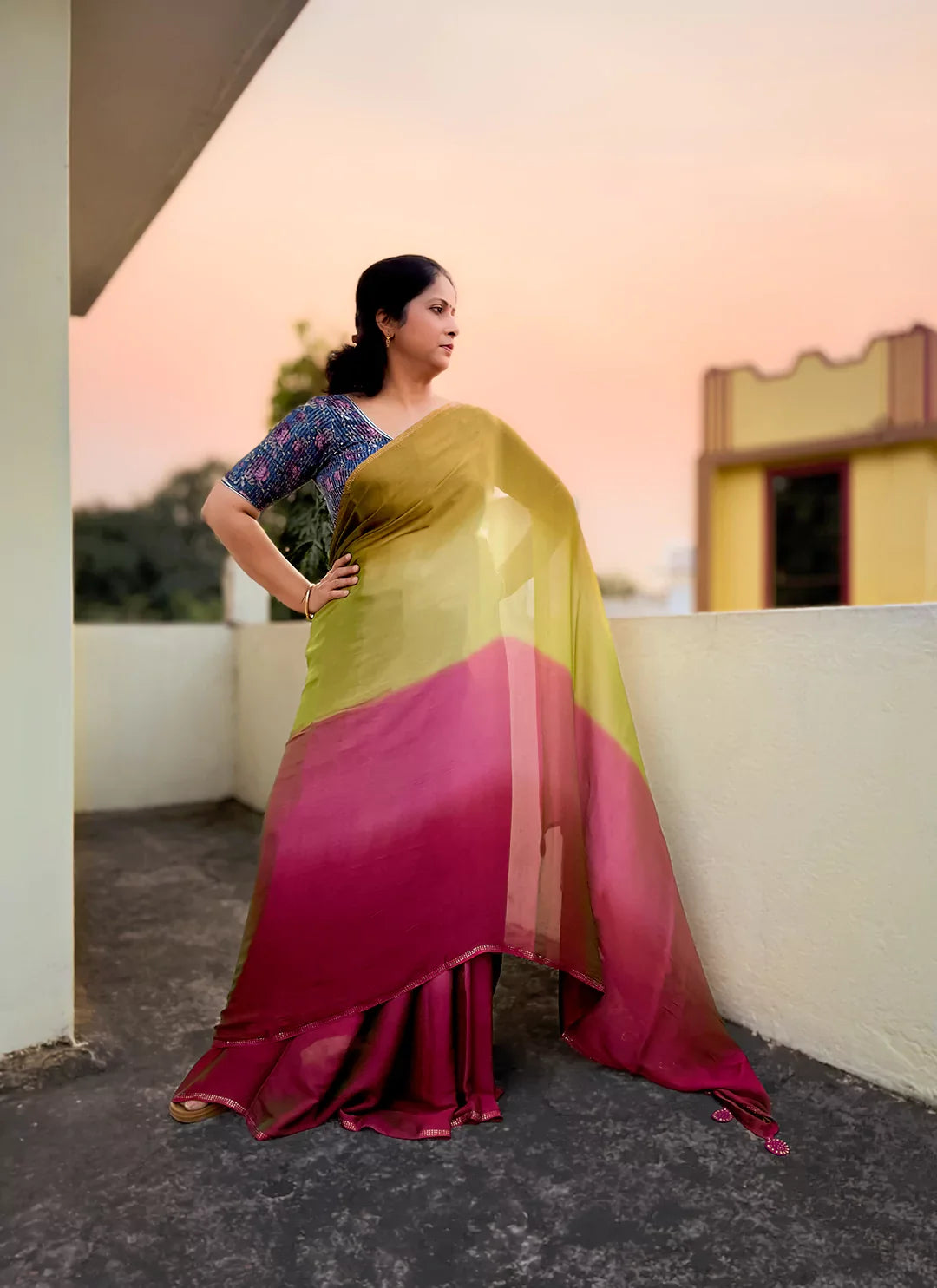 Green & Plum Ombre Dyed Soft Chiffon Silk Saree treevesto