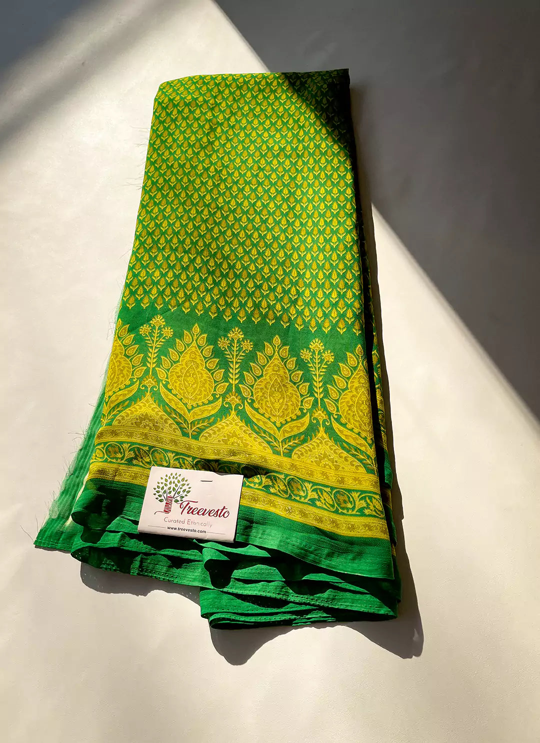 Buti Print Parrot Green Soft Georgette Saree - TREEVESTO