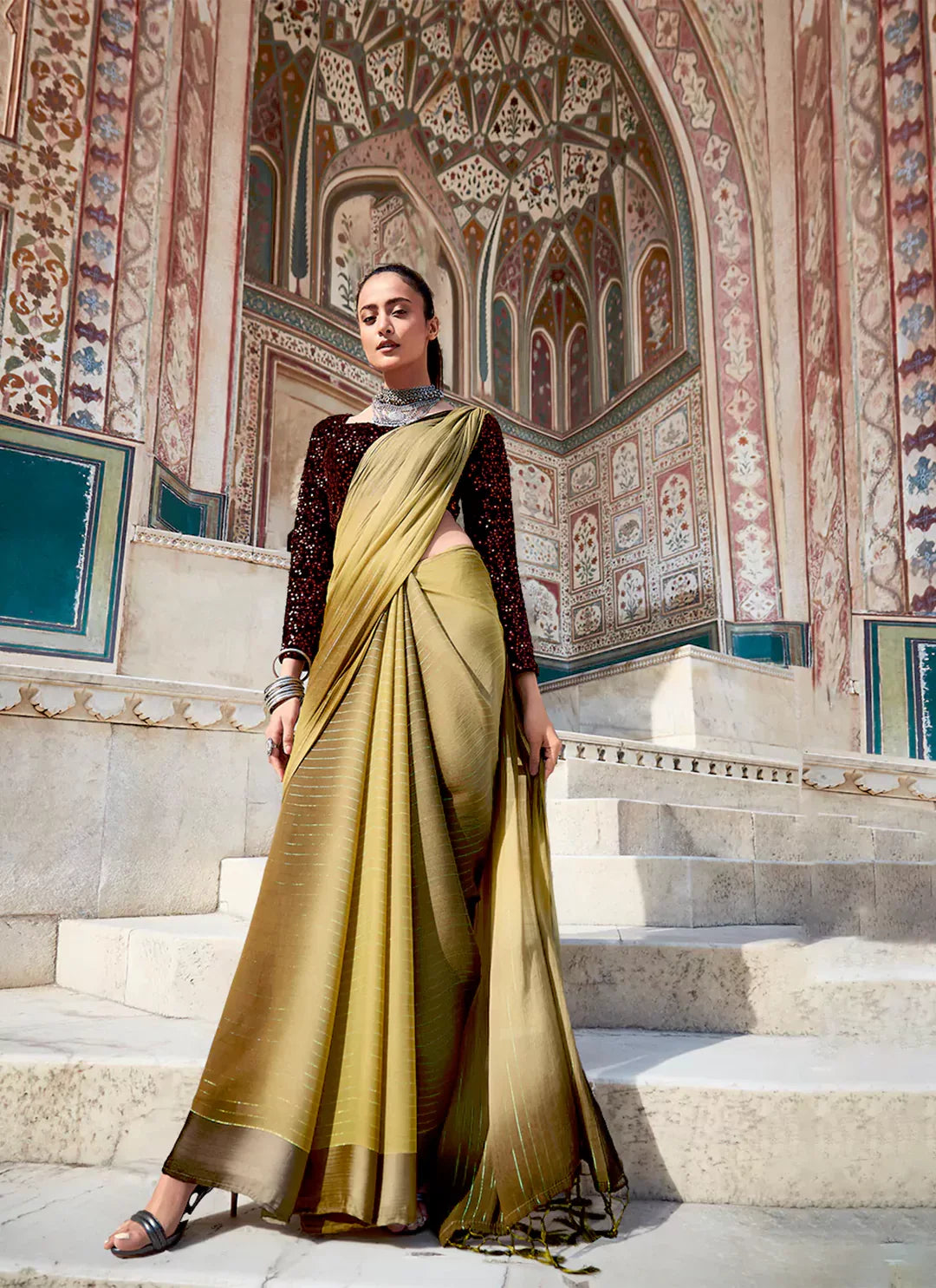 Cream & Green Ombre Dyed Chiffon Satin Saree - TREEVESTO