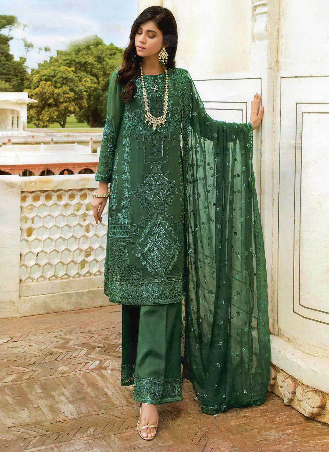 Green Designer Semi Stitched Suit treevesto