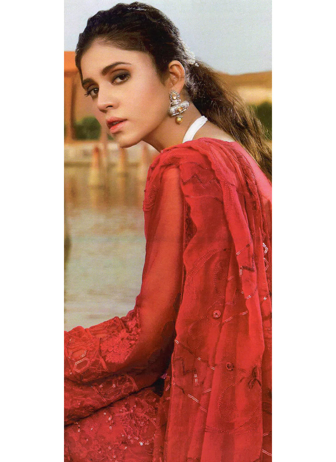 Red Designer Semi Stitched Suit treevesto