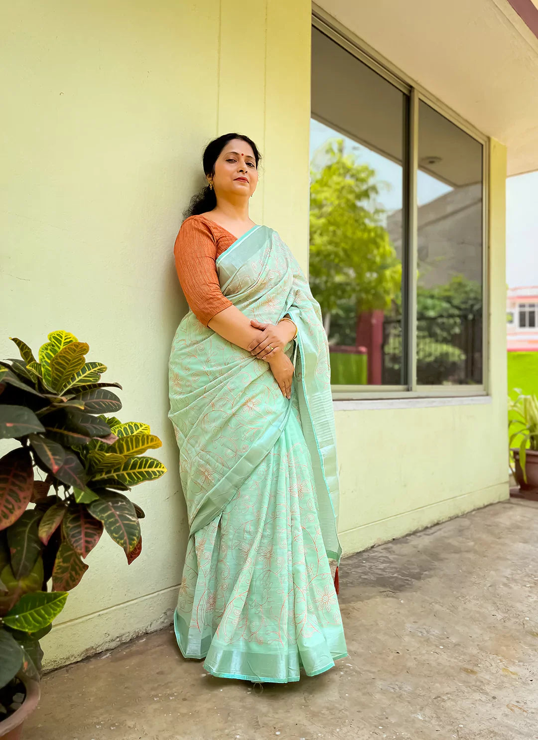 Fine Resham Embroidered Mint Green Soft Linen Saree - TREEVESTO