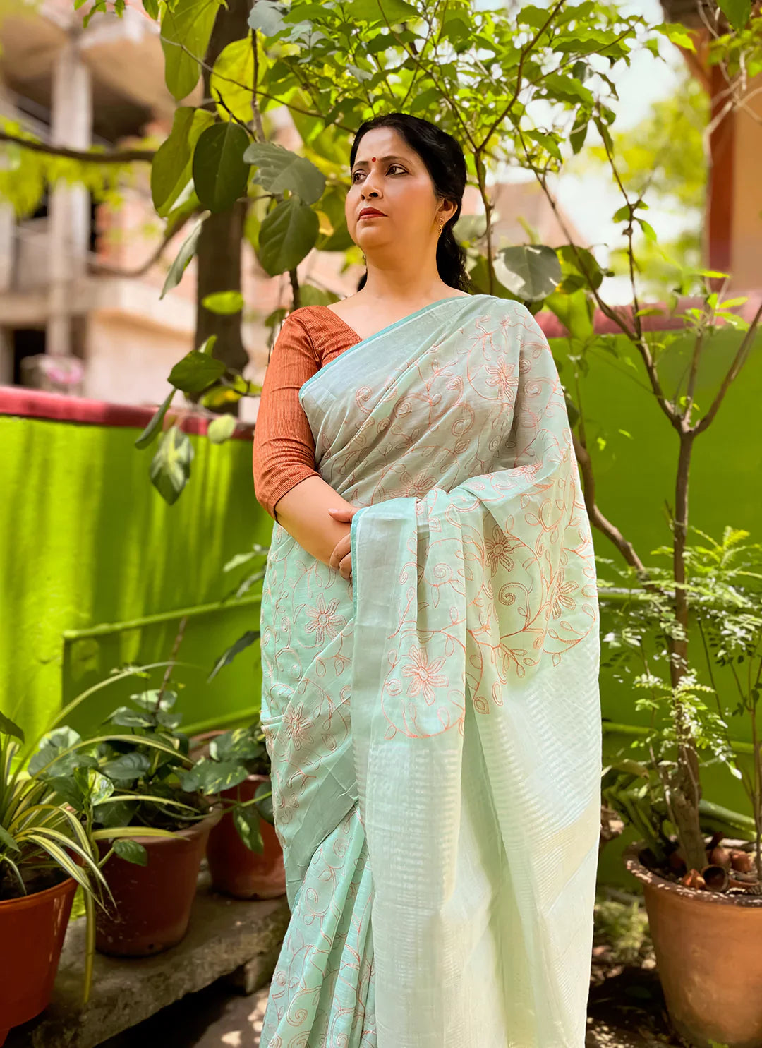 Fine Resham Embroidered Mint Green Soft Linen Saree - TREEVESTO
