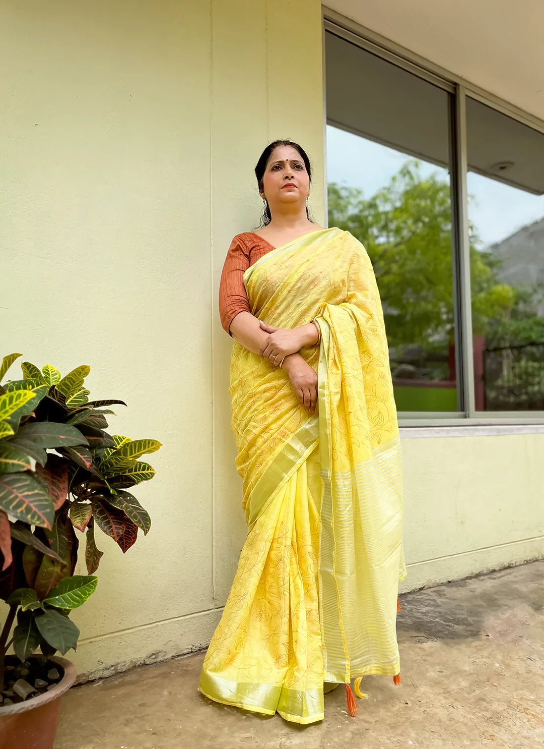 Fine Resham Embroidered Yellow Soft Linen Saree - TREEVESTO