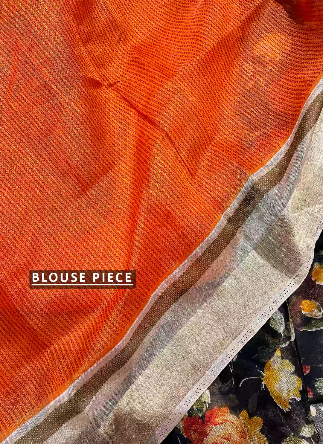 Floral Print Linen Cotton Saree In Black With Silver Zari Border - TREEVESTO