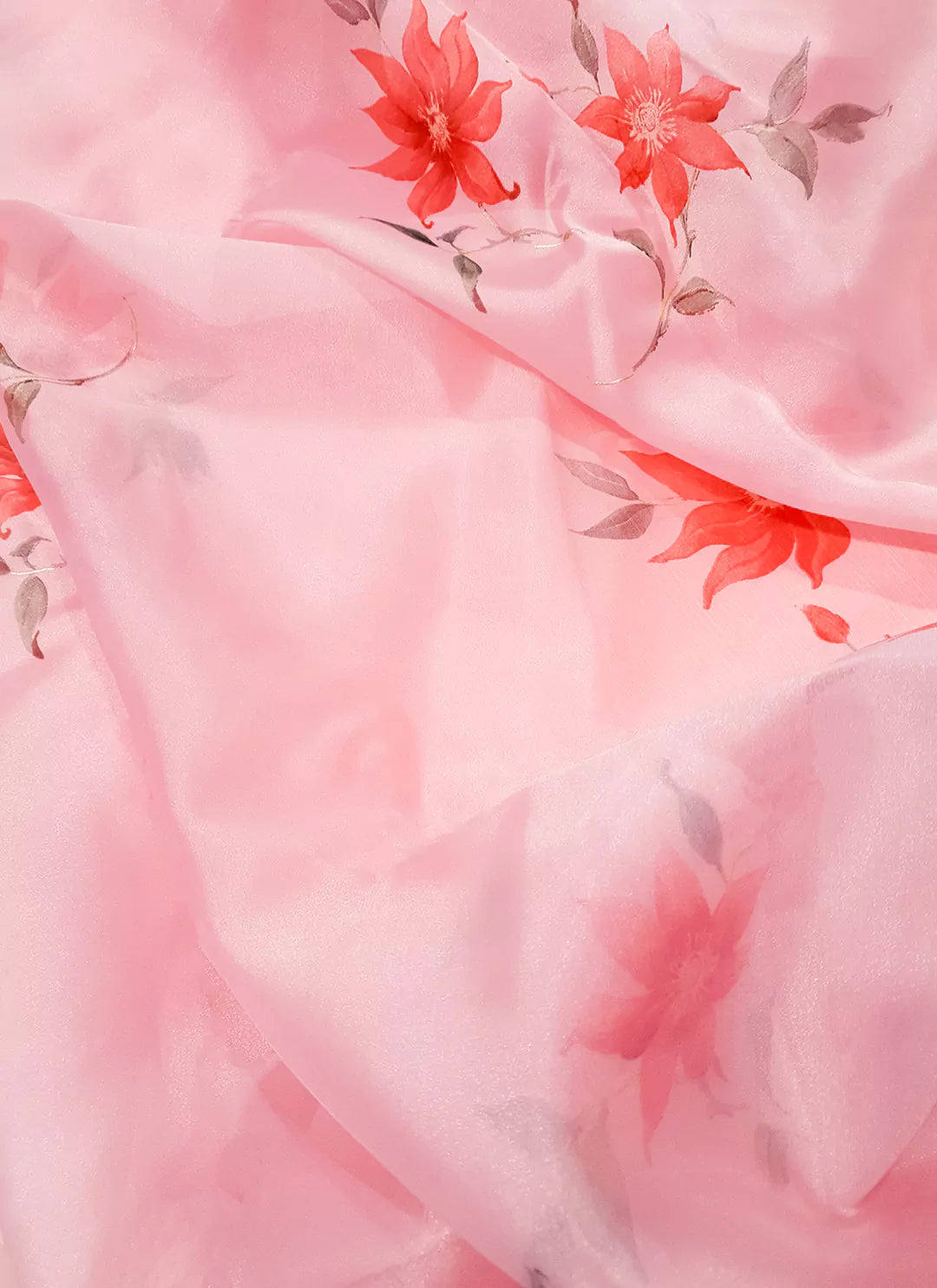 Floral Print Taffy Pink Organza Saree - TREEVESTO