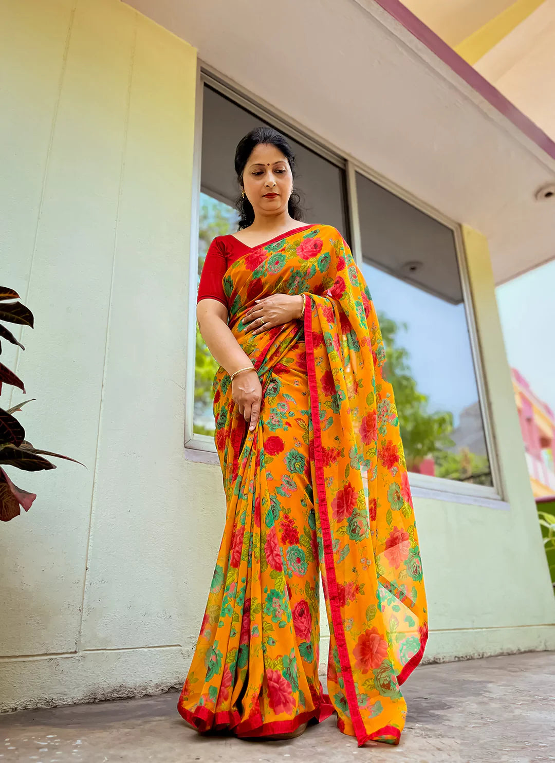 Floral Print Yellow Pure Georgette Saree - TREEVESTO