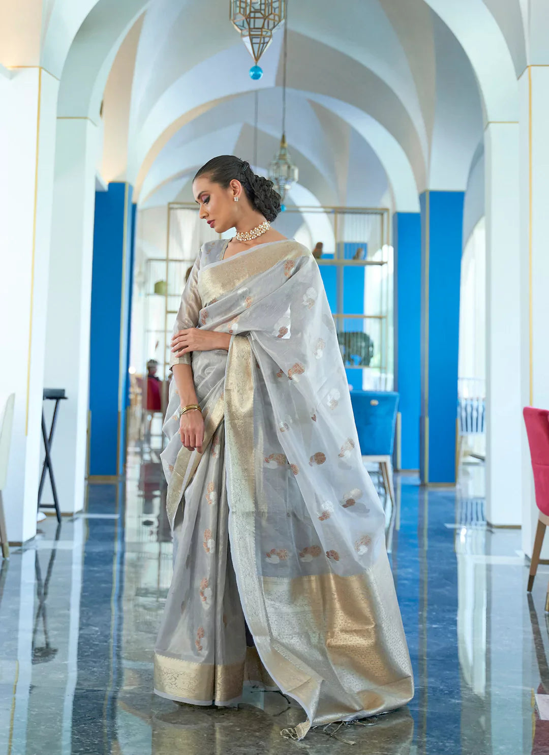 Grey Banarasi Tissue Organza Saree - TREEVESTO