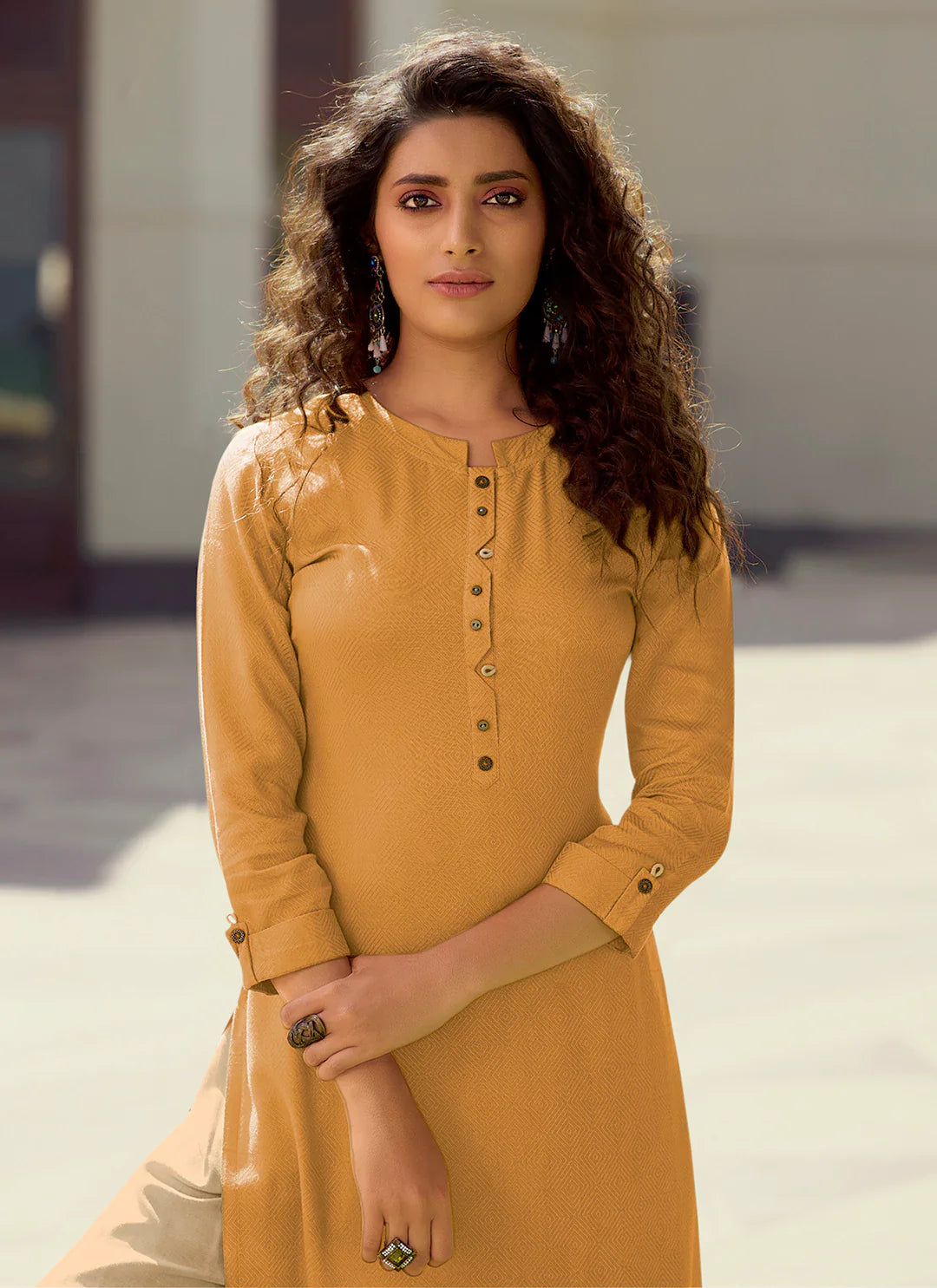Self Woven Mustard Yellow Kurta With Schiffli Worked Palazzo Set treevesto