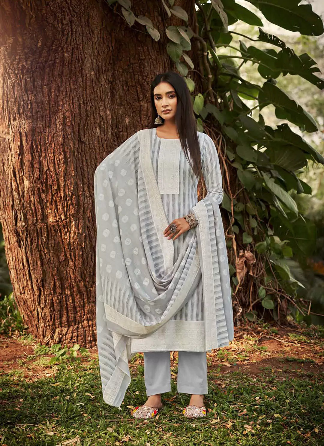 Striped Pure Cotton Printed Grey Unstitch Suit Material treevesto