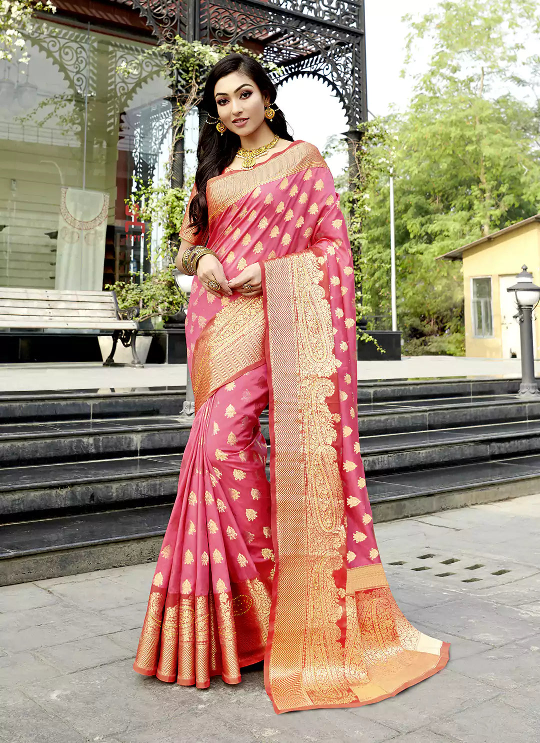 Swarovski Stone Worked Peach Pink Banarasi Silk Saree - TREEVESTO