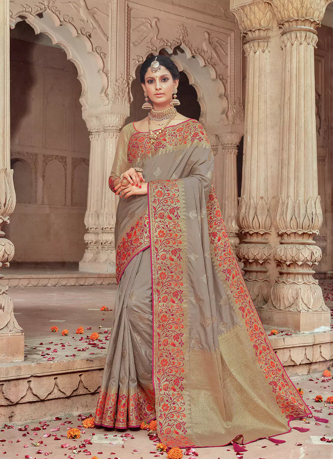 Taupe Banarasi Saree With Zari & Meenakari Work - TREEVESTO