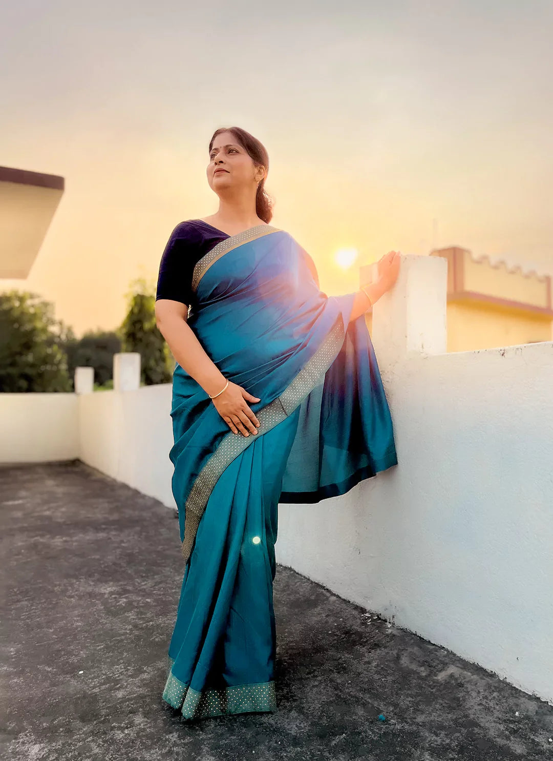 Teal Blue Dola Silk Plain Saree With Border - TREEVESTO