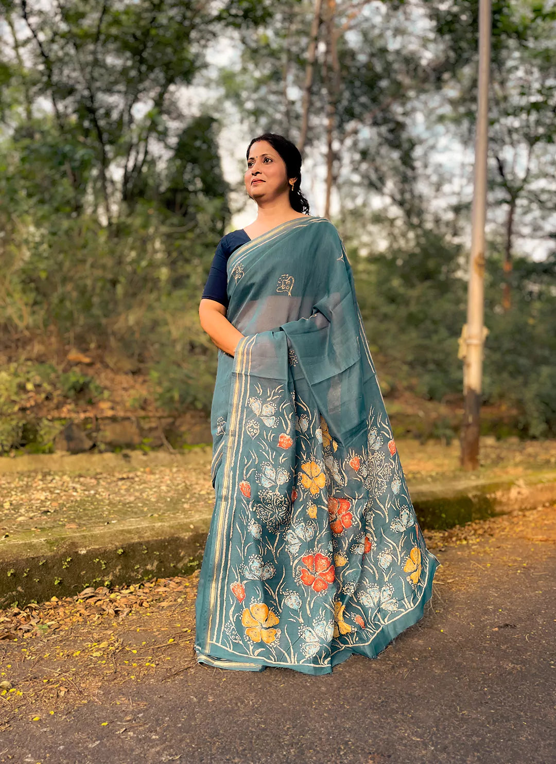 Teal Colored Chanderi Cotton Saree - TREEVESTO