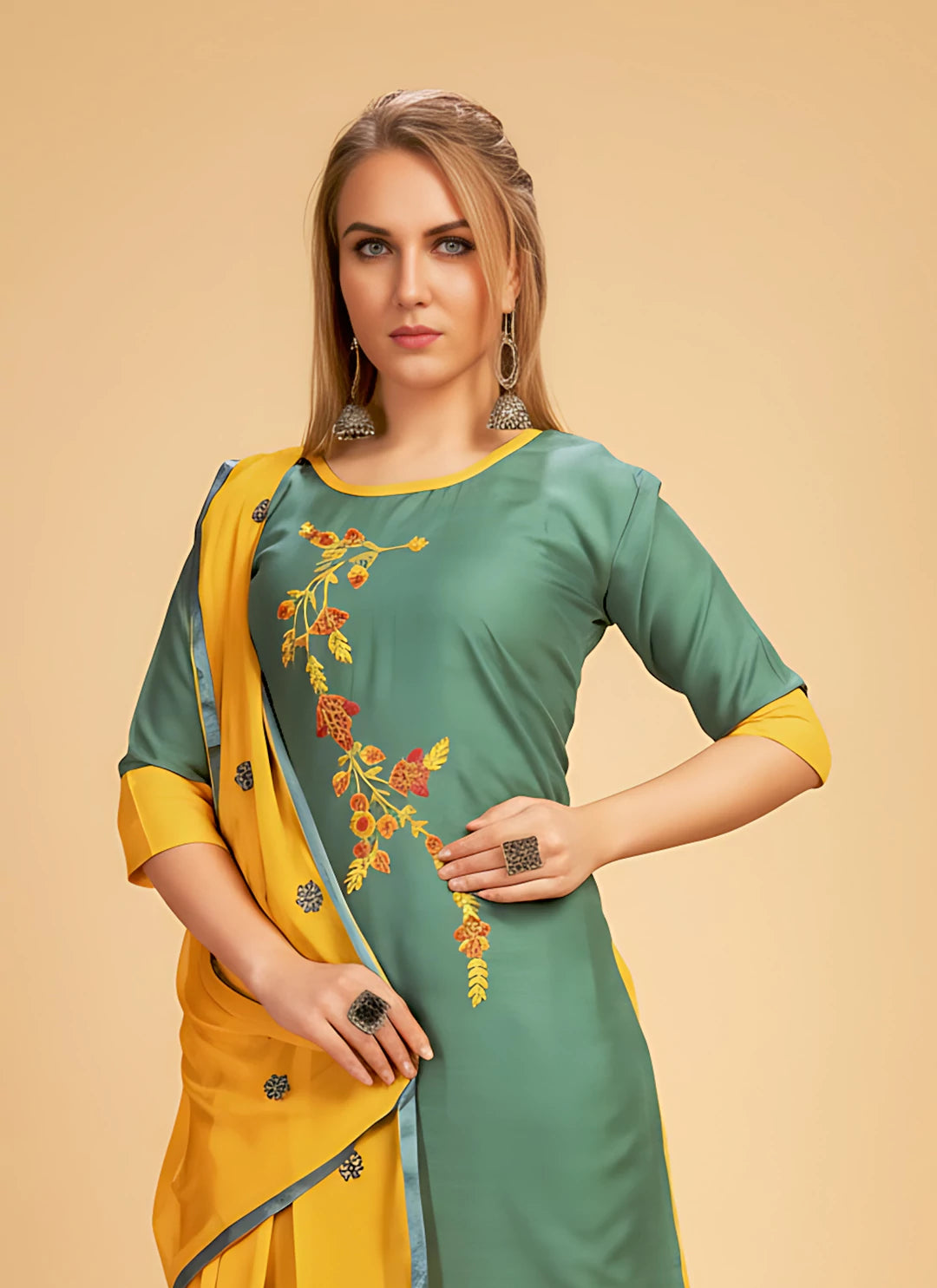 Teal Green Kurta & Yellow Palazzo Suit Set With Dupatta  TREEVESTO