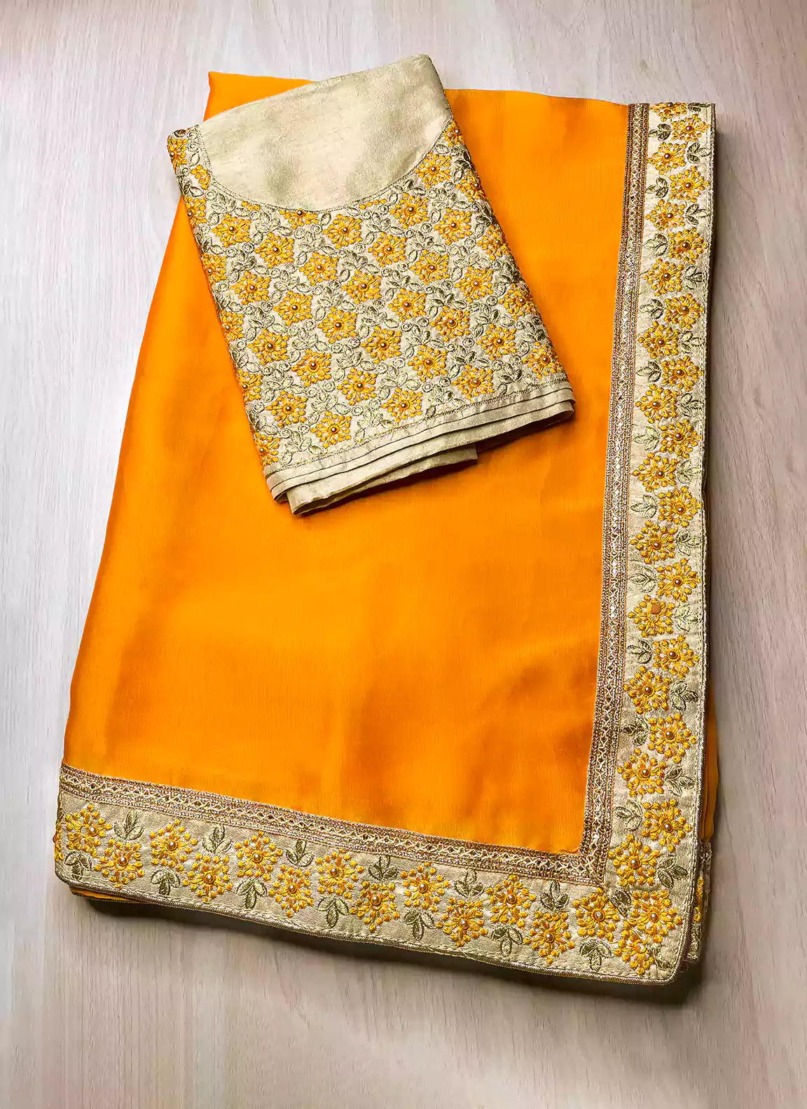 Orangish Yellow Plain Rangoli Saree with Designer Blouse & Border - TREEVESTO