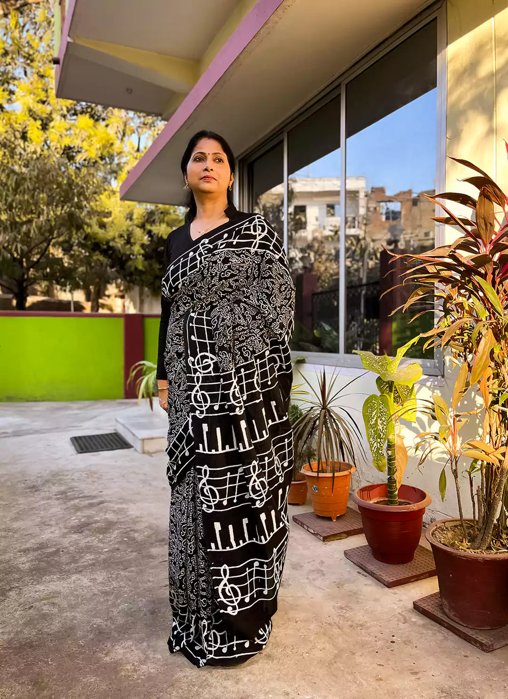 Dabu Hand Block Print Musical Notes Black Mul Cotton Saree  TREEVESTO