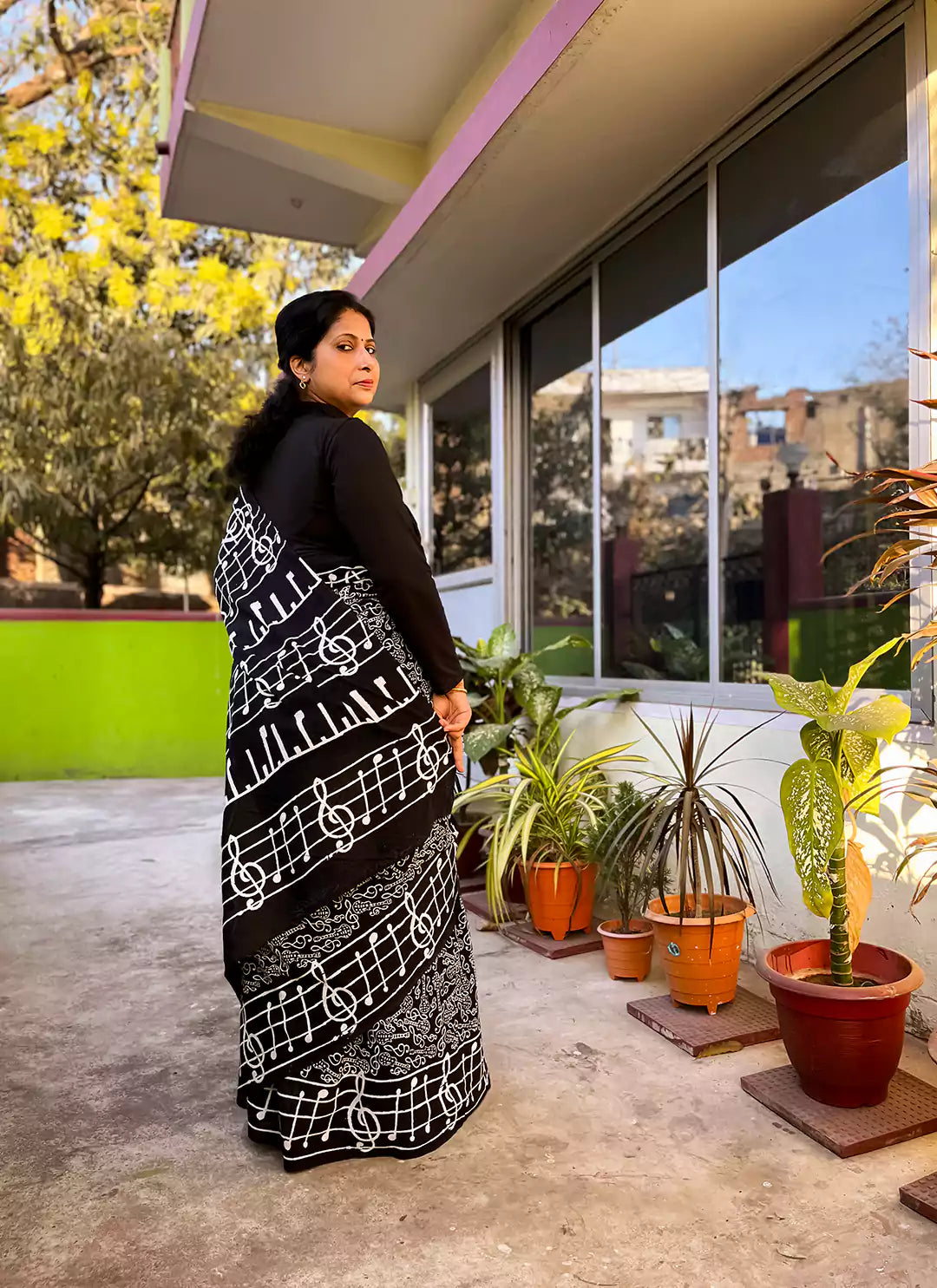 Dabu Hand Block Print Musical Notes Black Mul Cotton Saree  TREEVESTO