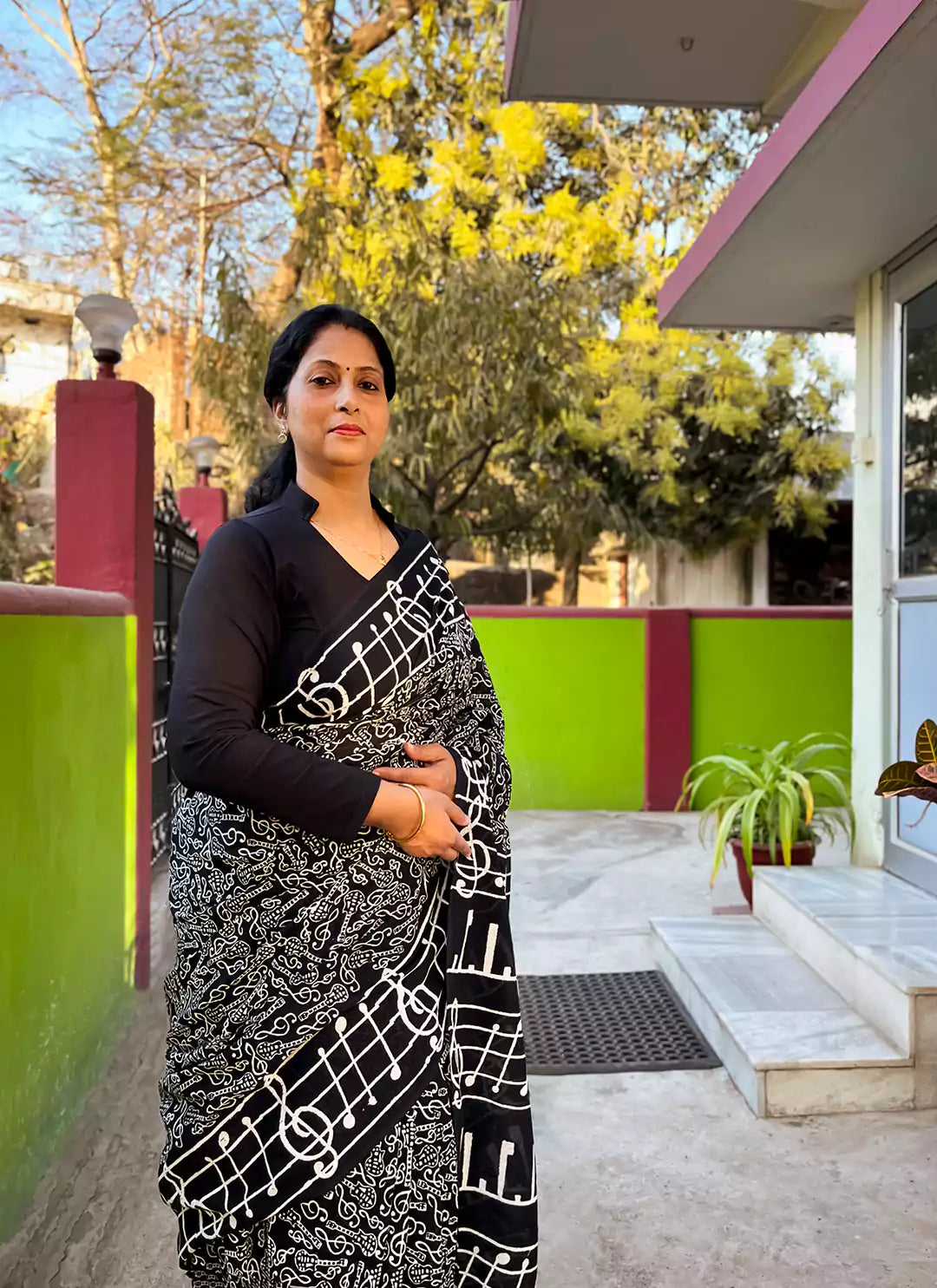 Dabu Hand Block Print Musical Notes Black Mul Cotton Saree  TREEVESTO