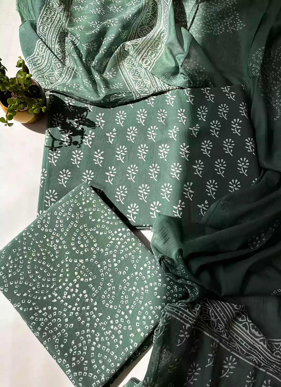 Handblock Dabu Print Green Cotton Unstitched Dress Material  TREEVESTO