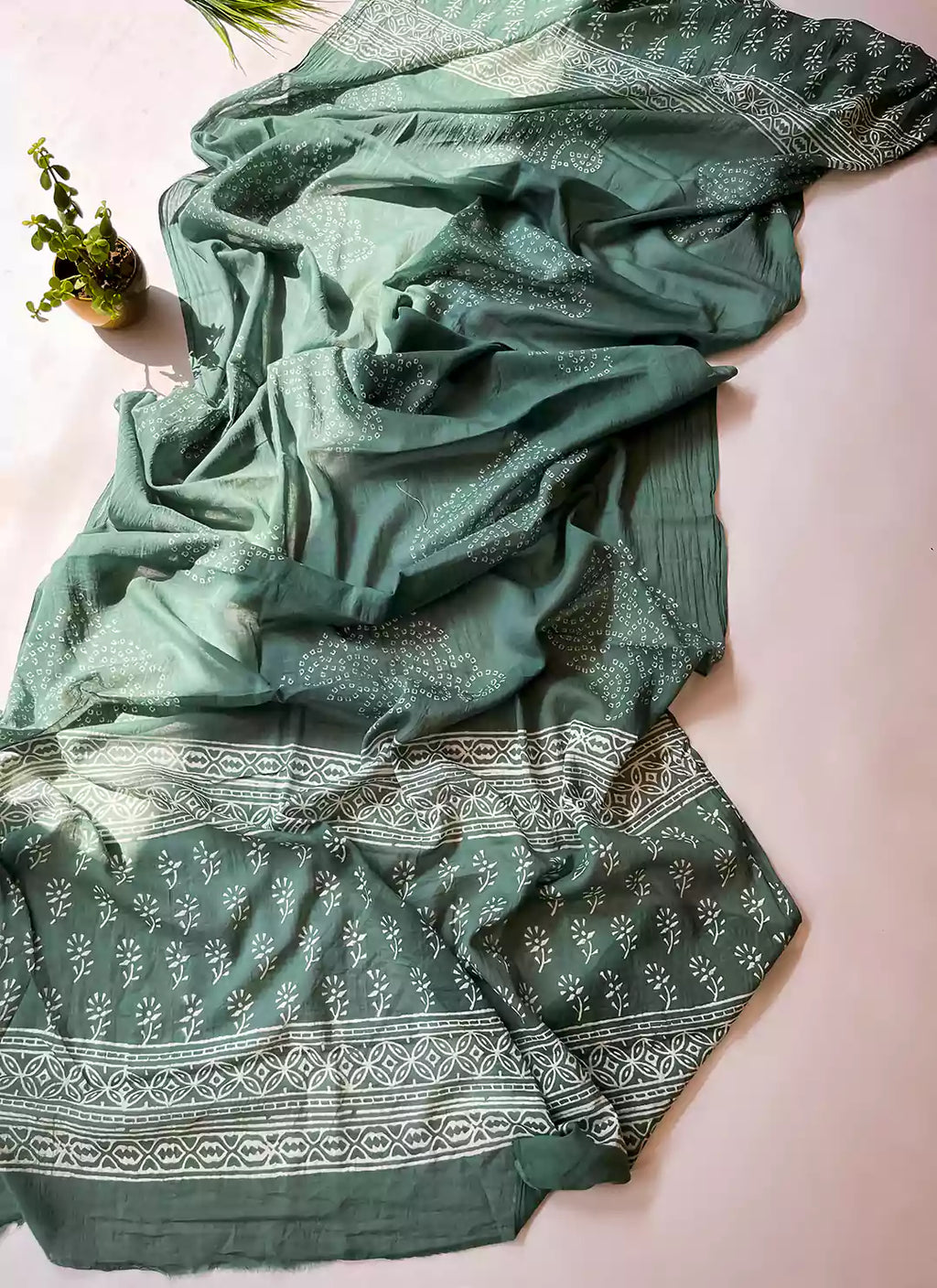 Handblock Dabu Print Green Cotton Unstitched Dress Material  TREEVESTO
