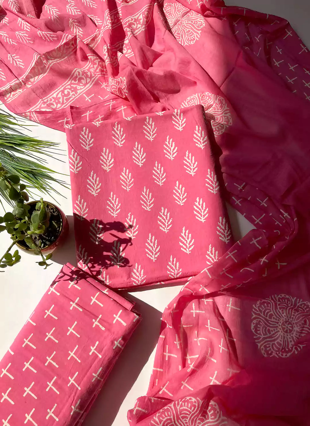 Handblock Dabu Print Pink Unstitched Dress Material  TREEVESTO