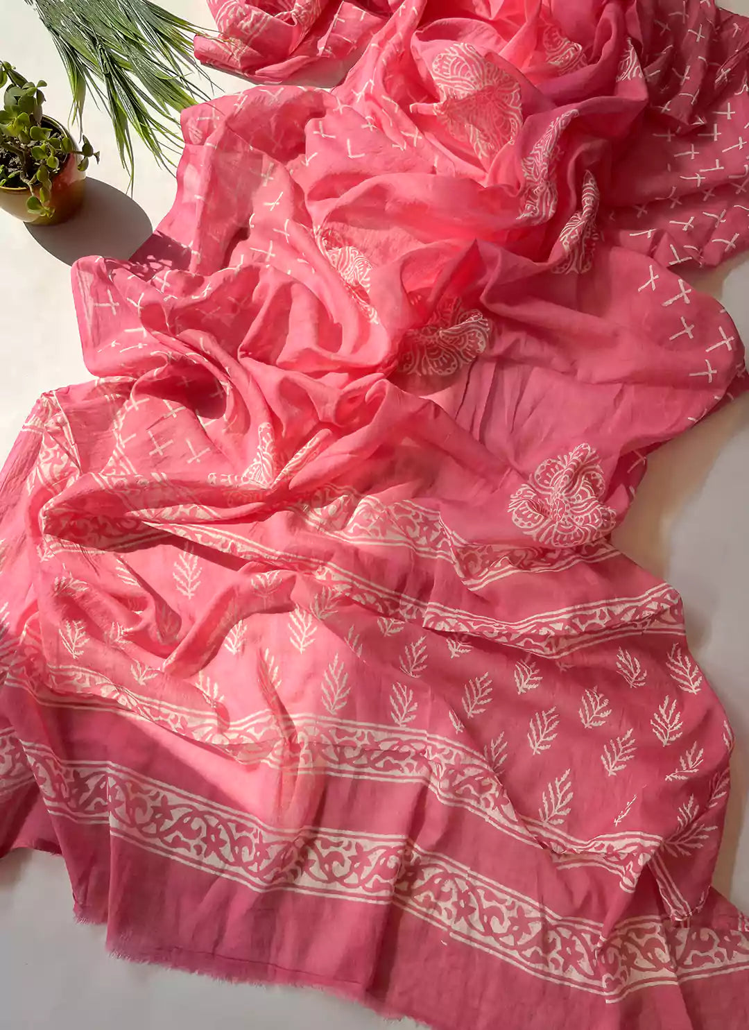 Handblock Dabu Print Pink Unstitched Dress Material  TREEVESTO