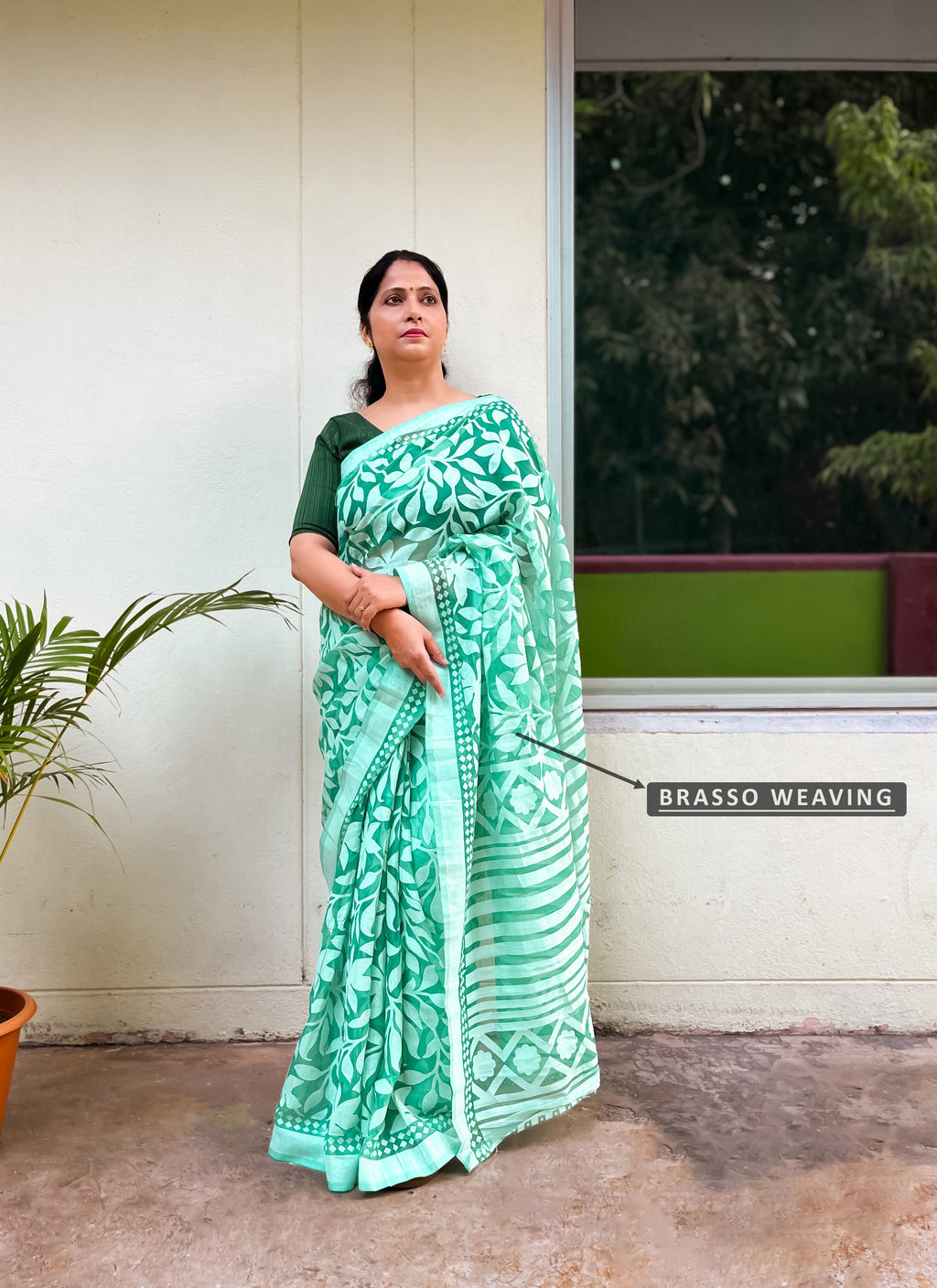 Sea Green Soft Cotton Brasso Woven Saree treevesto