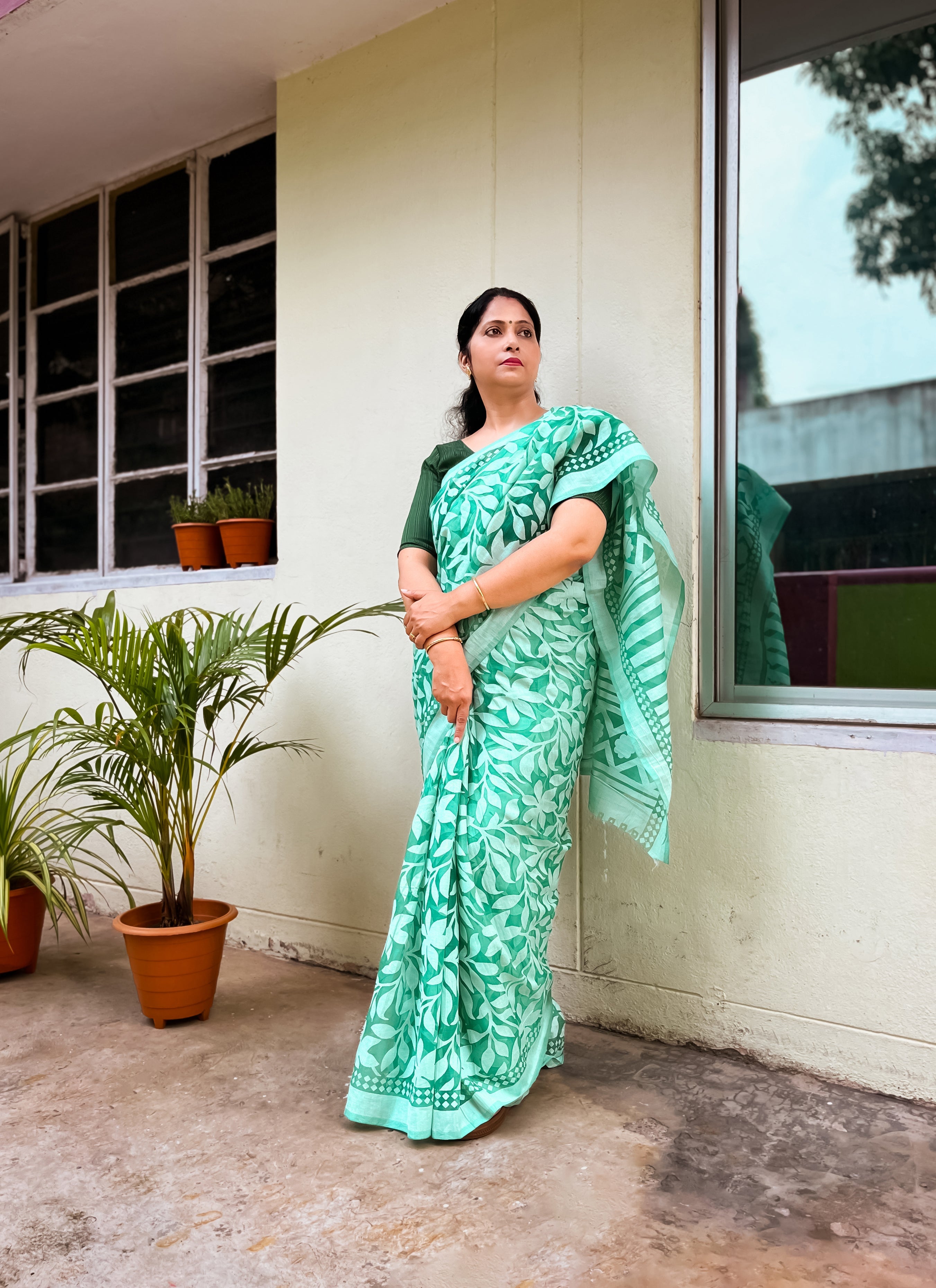 Sea Green Soft Cotton Brasso Woven Saree treevesto