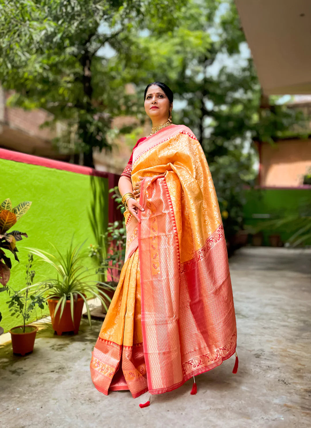 Madhubani Pattern Zari Work Yellow Silk Saree - TREEVESTO