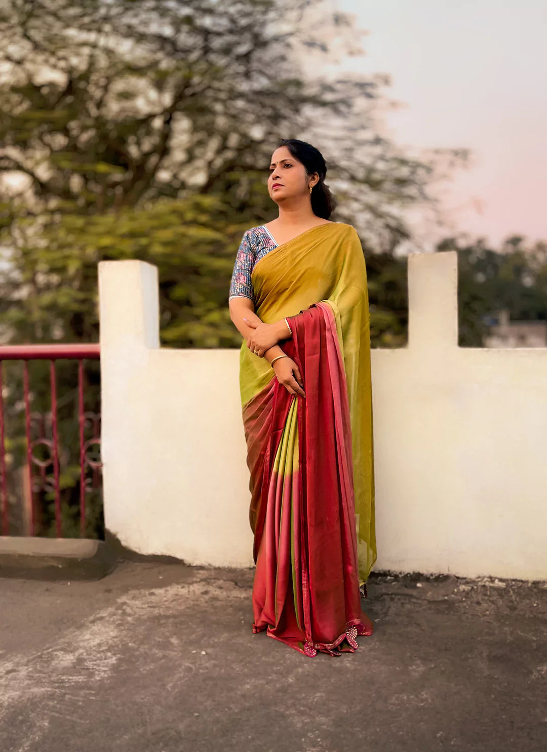 Green & Plum Ombre Dyed Soft Chiffon Silk Saree treevesto
