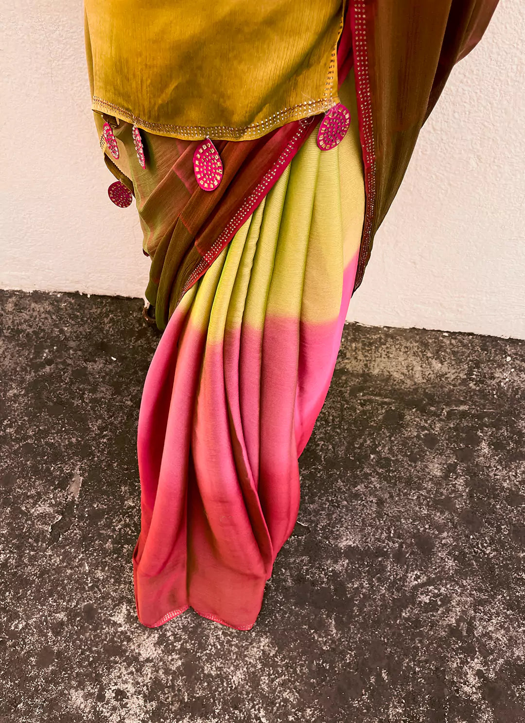 Green & Plum Ombre Dyed Soft Chiffon Silk Saree treevesto