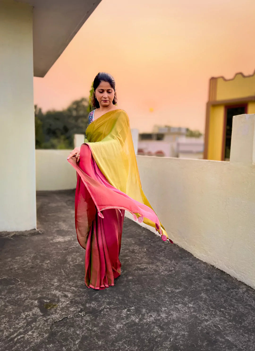 Green & Plum Ombre Dyed Soft Chiffon Silk Saree treevesto