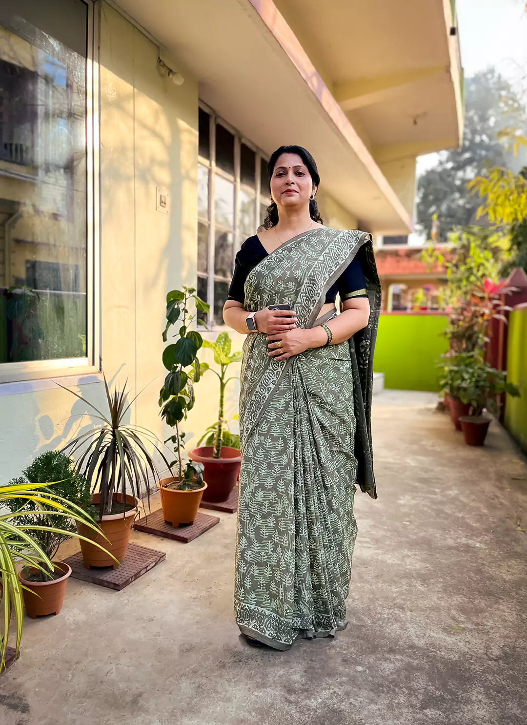 Sage Green Hand Block Print Mul Cotton Saree  TREEVESTO
