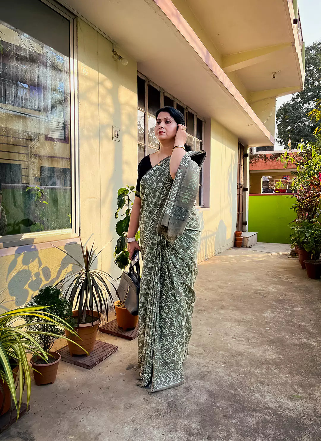 Sage Green Hand Block Print Mul Cotton Saree  TREEVESTO