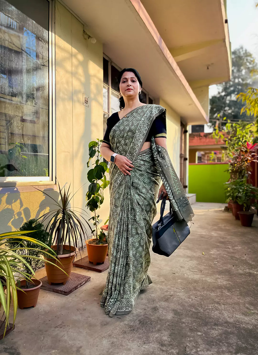 Sage Green Hand Block Print Mul Cotton Saree  TREEVESTO