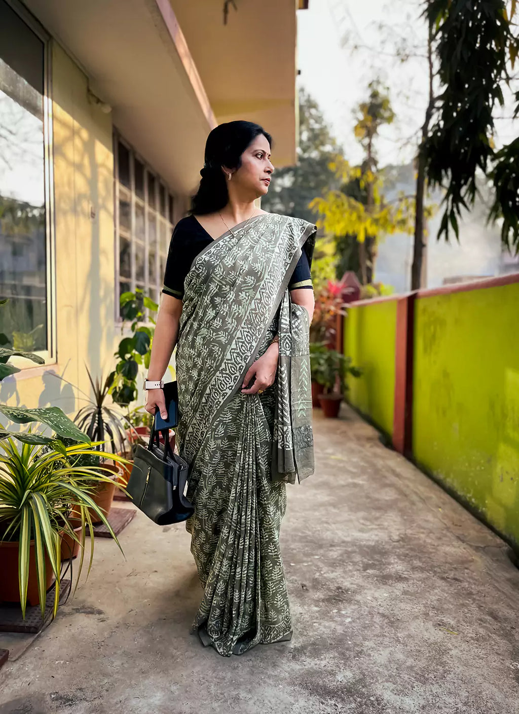 Sage Green Hand Block Print Mul Cotton Saree  TREEVESTO
