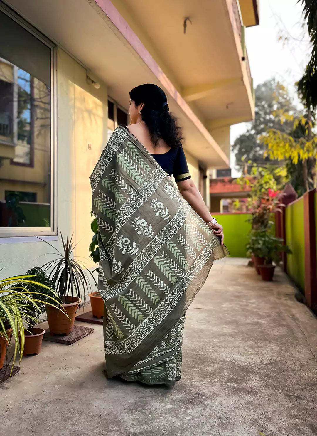 Sage Green Hand Block Print Mul Cotton Saree  TREEVESTO