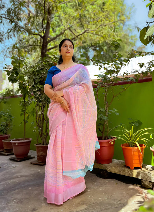Abstract Print Baby Pink Linen Cotton Saree treevesto