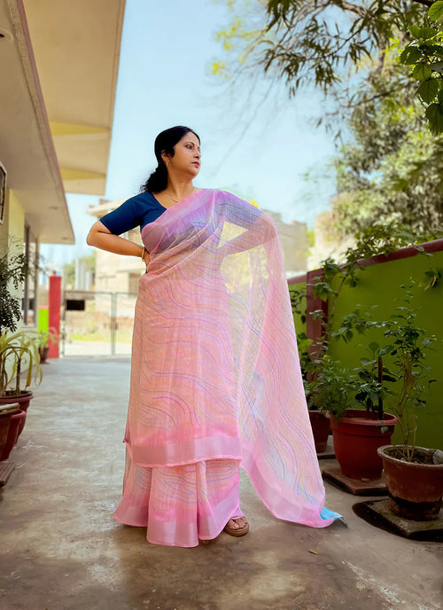 Abstract Print Baby Pink Linen Cotton Saree treevesto