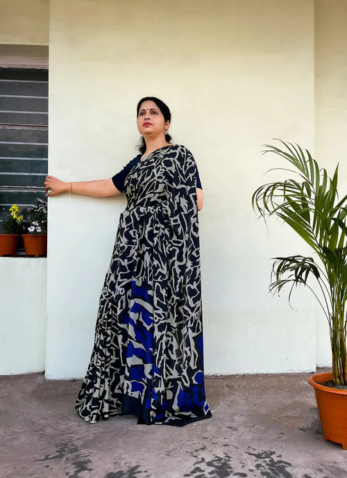 Abstract Print Black & Grey Satin Crepe Saree treevesto