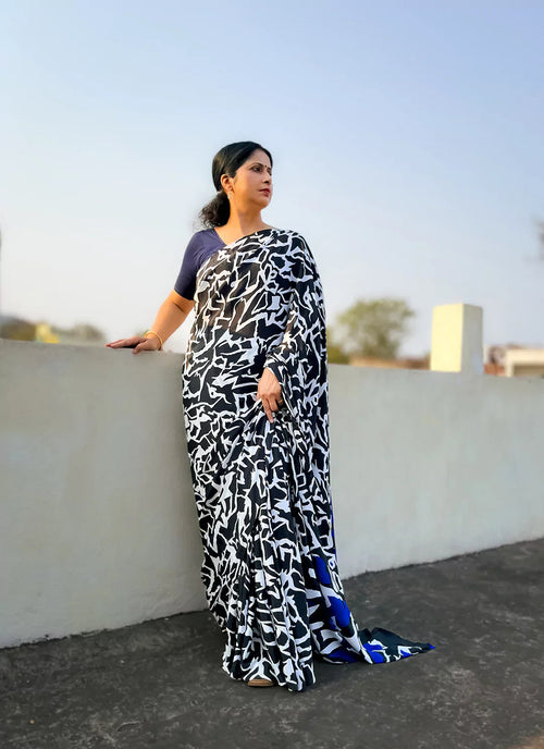 Abstract Print Black & White Satin Crepe Saree treevesto