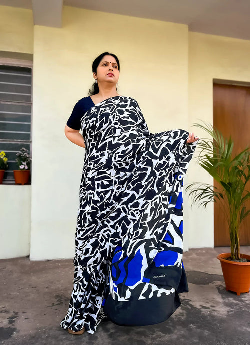 Abstract Print Black & White Satin Crepe Saree treevesto