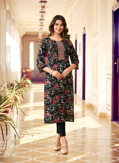 Abstract Print Black Yoke Design Liva Straight Kurta treevesto