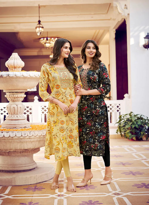 Abstract Print Black Yoke Design Liva Straight Kurta treevesto