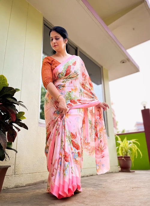 Abstract Print Pink Soft Satin Silk Saree - TREEVESTO