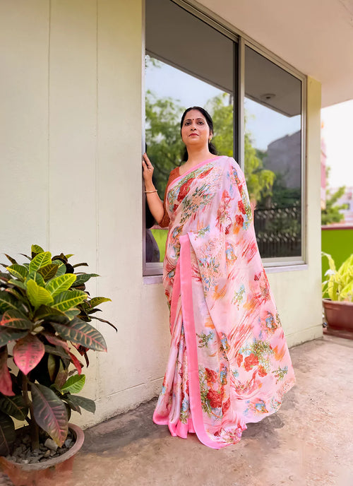 Abstract Print Pink Soft Satin Silk Saree - TREEVESTO