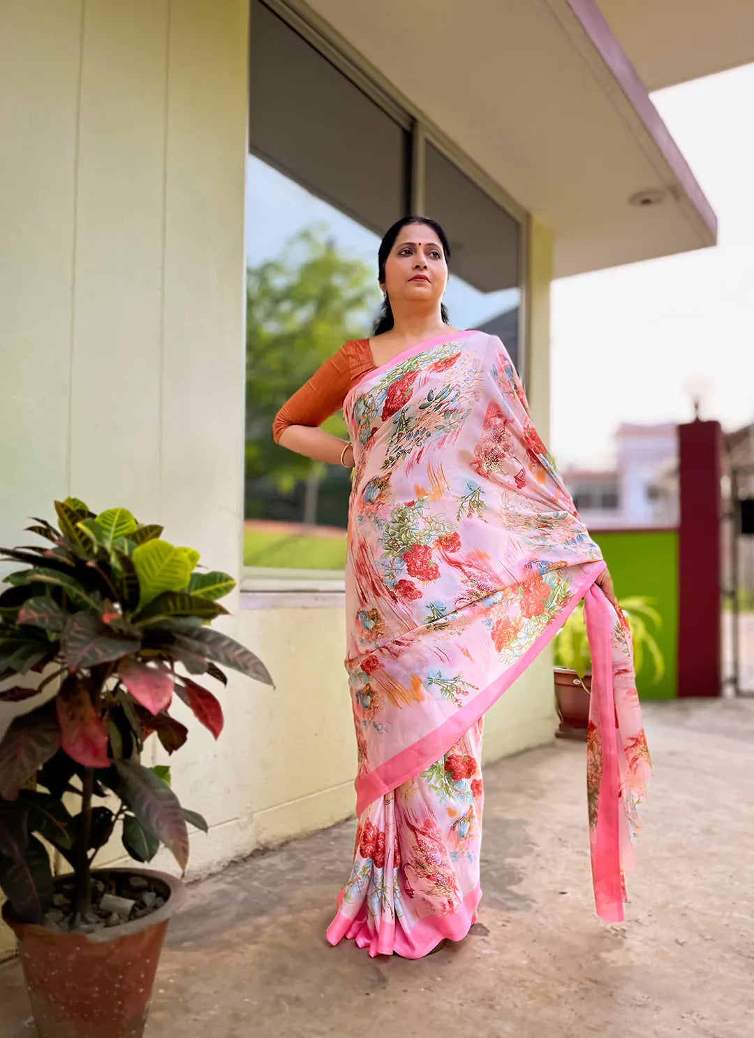 Abstract Print Pink Soft Satin Silk Saree - TREEVESTO